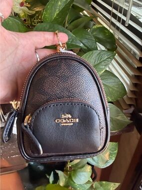 Coach Mini Backpack Keychain-Bag Charm Black Leather & Brown Signature Canvas